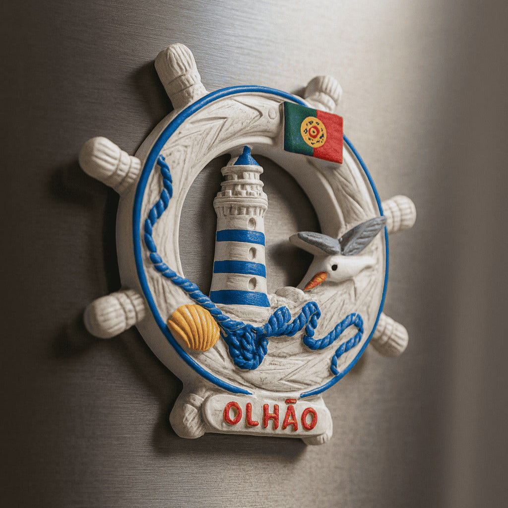 Decorative lighthouse magnet with 'Olháo' text on a metallic surface