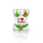 A clear molded glass shot glass with a bikini design and the text 'I ♥ ALGARVE' hand-painted on it, decorated with vibrant tropical details.