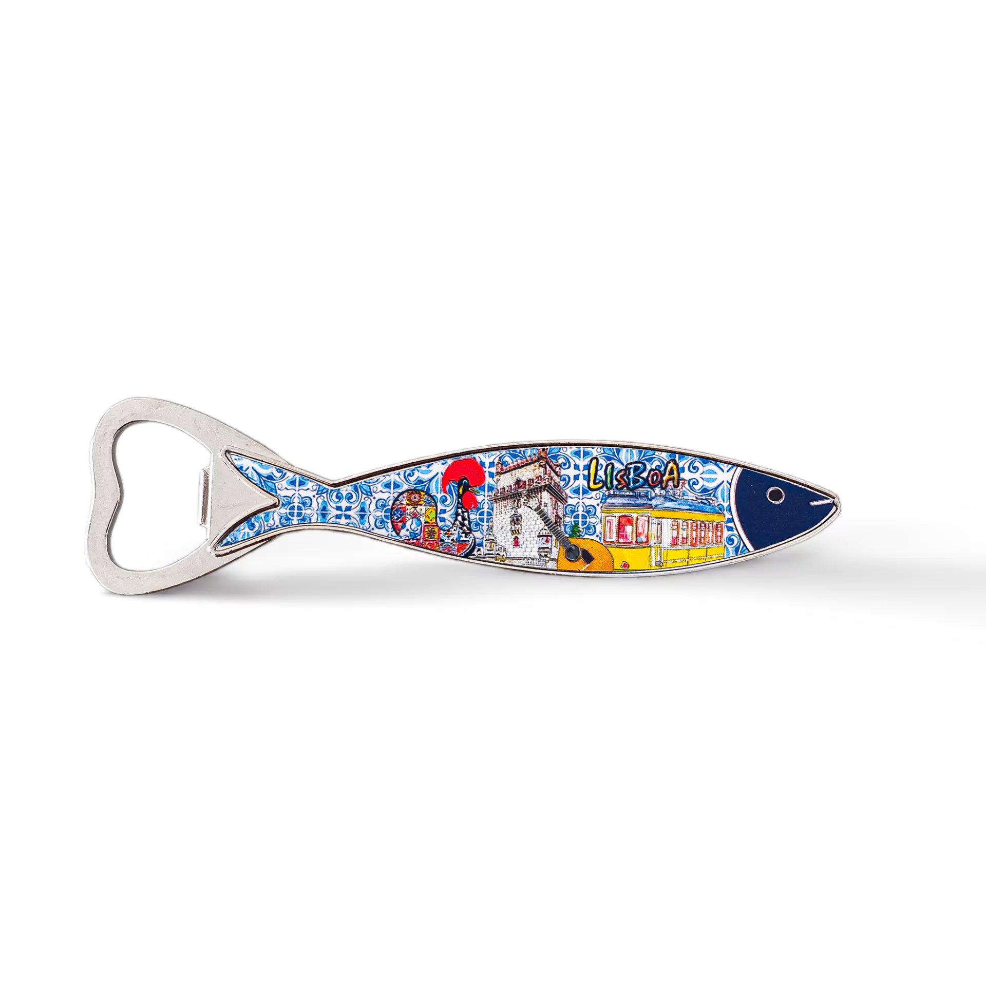 A sardine-shaped bottle opener with a colorful illustration of Lisbon, Portugal on the handle. The illustration includes iconic city landmarks, traditional Portuguese tiles, and a tram. The handle is elongated and the opener part is at the fish's mouth. Plus, it doubles as a magnet for your fridge.