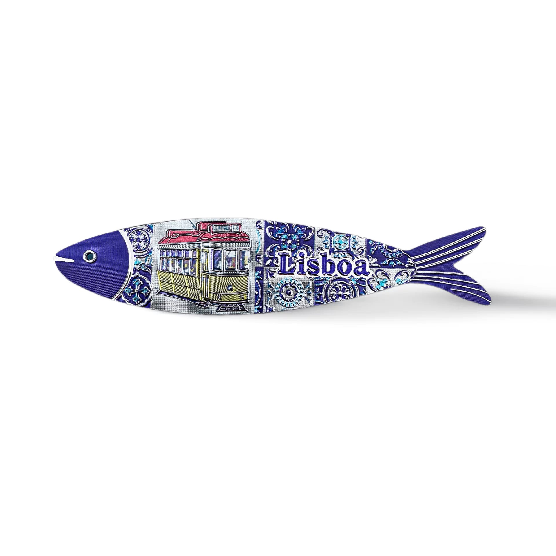 A fish-shaped ornament and magnet featuring a Lisbon tram design on its body. The fish has a blue head and tail, with decorative tile patterns in blue and white adorning its middle. The word "Lisboa" is prominently displayed next to the tram illustration, capturing the charm of Portugal.