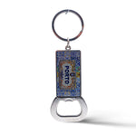 A rectangular keychain with a bottle opener at the bottom and a metal ring at the top. This vibrant souvenir features a colorful, intricate design with the word "Porto" in the center, celebrating the charm of this beautiful city in Portugal.