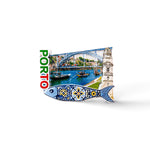 A souvenir from Porto featuring the city's name in green, white, and red letters, an image of boats on a river beneath a bridge, and a decorative fish with traditional Portuguese tile patterns. This charming memento also includes a subtle nod to the iconic Clérigos Tower.