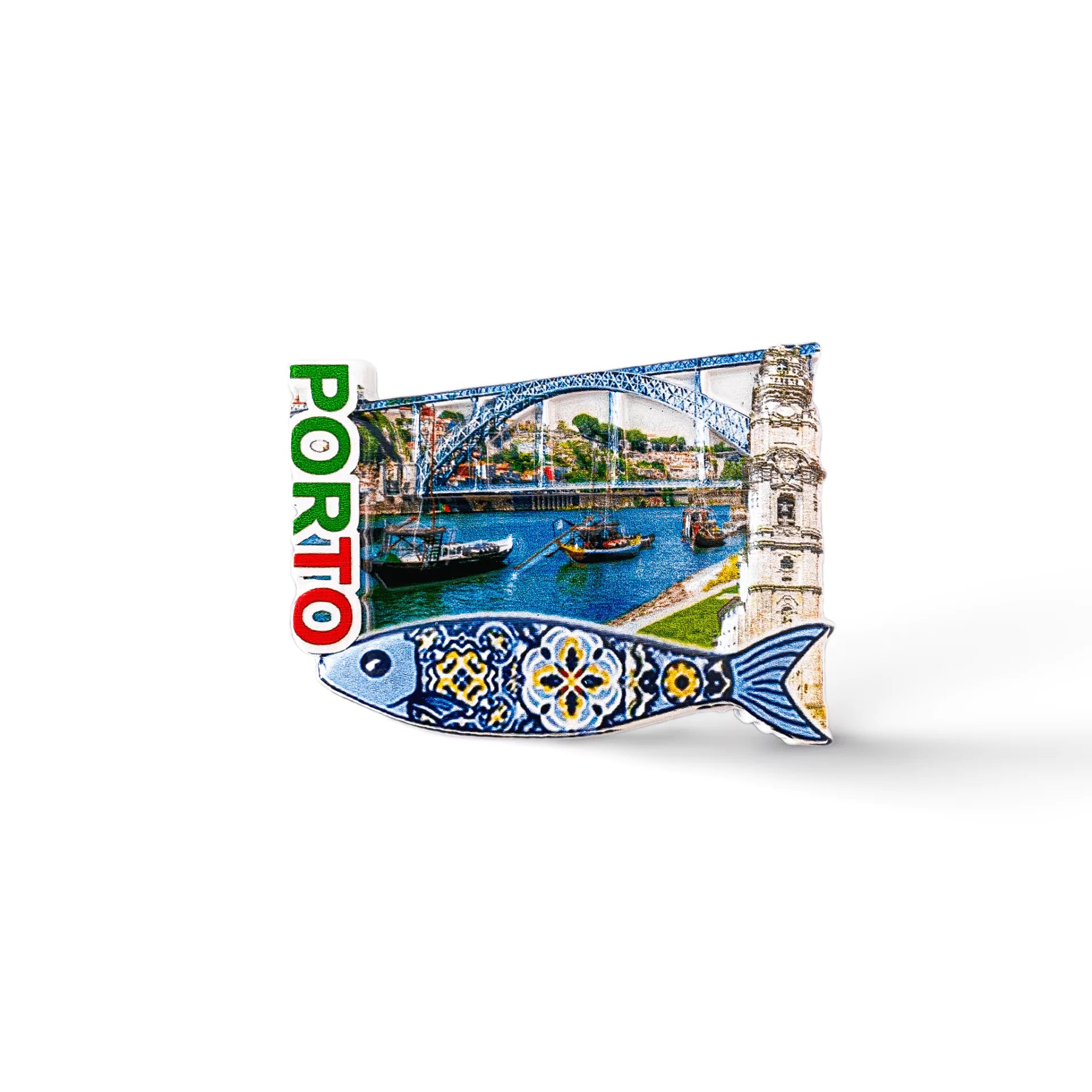 A souvenir from Porto featuring the city's name in green, white, and red letters, an image of boats on a river beneath a bridge, and a decorative fish with traditional Portuguese tile patterns. This charming memento also includes a subtle nod to the iconic Clérigos Tower.