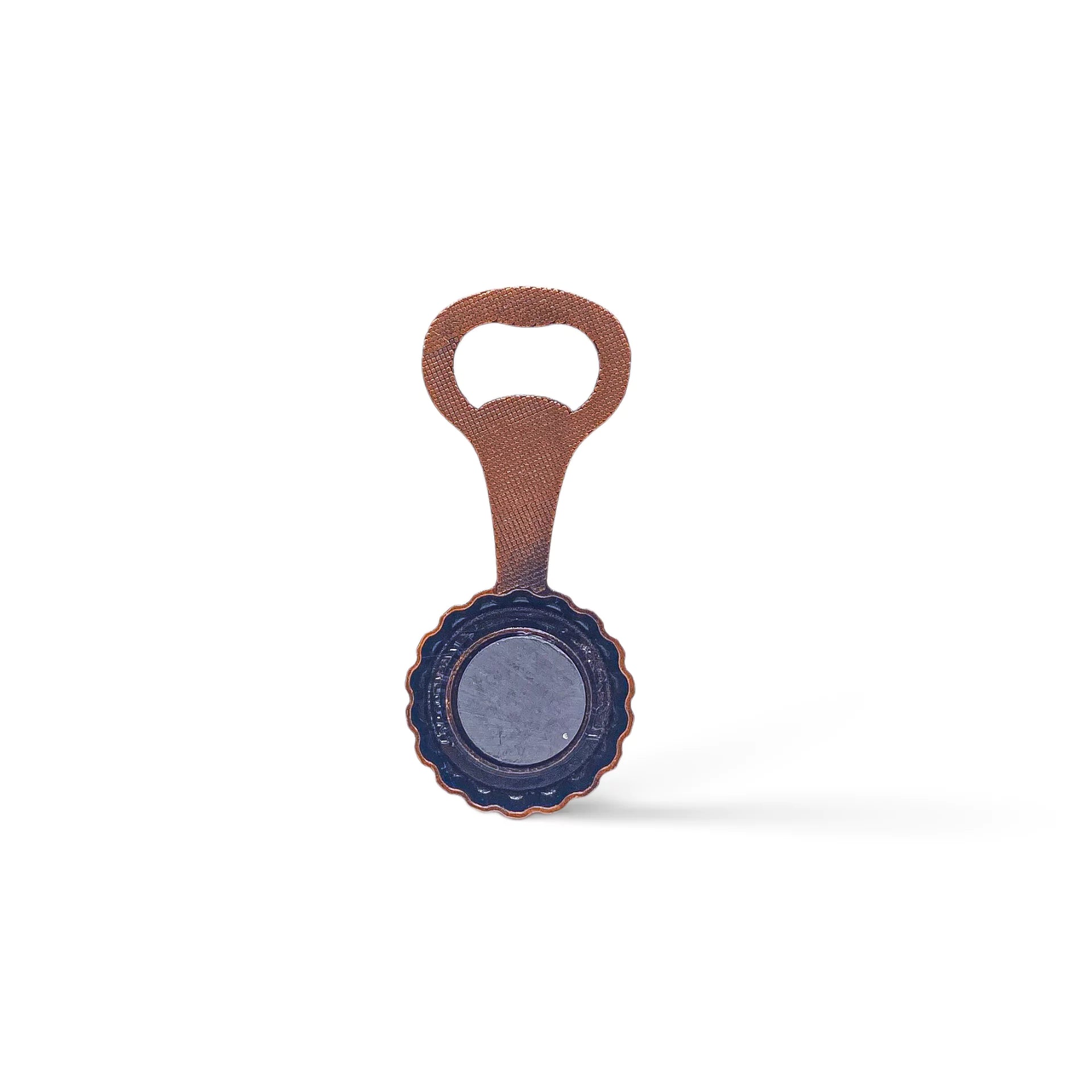 A bottle opener featuring a blue, scalloped circular base with a gold handle. The handle is adorned with a textured pattern and includes a small hole at the top for hanging. This delightful Portuguese souvenir stands out against a plain white background, adding a touch of charm to any kitchen.