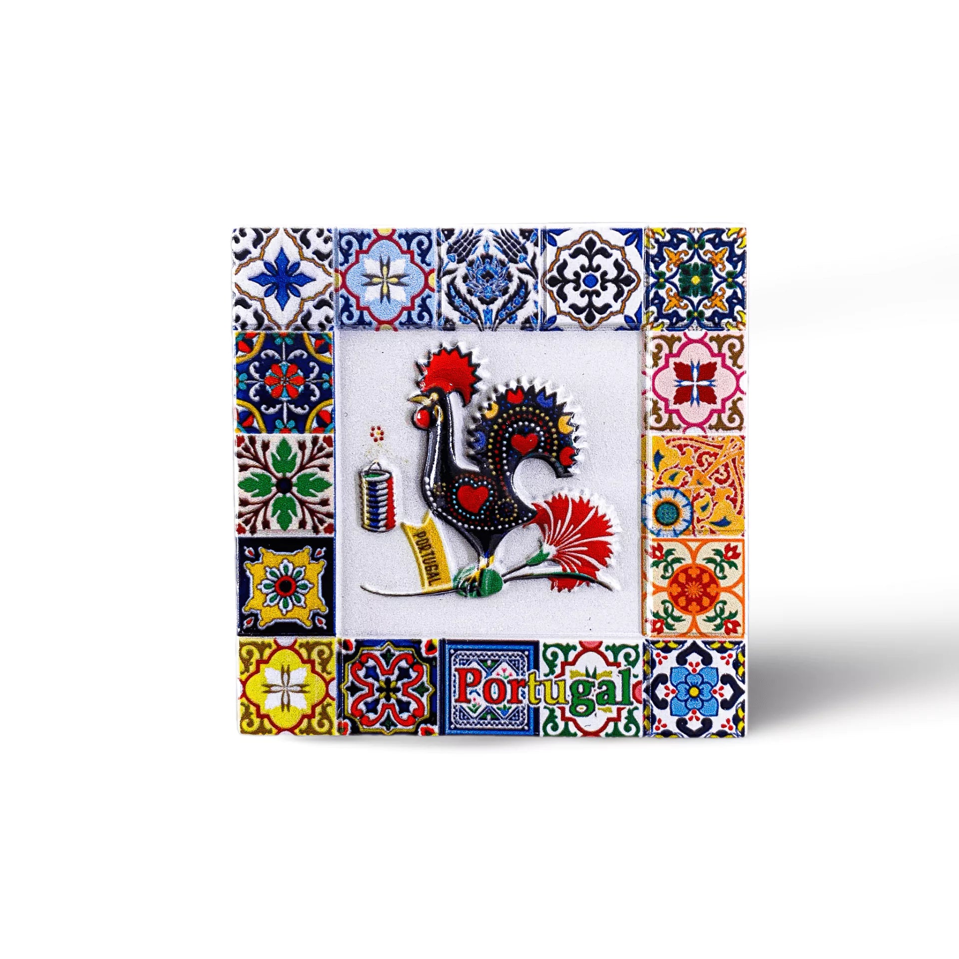 A vibrant square ceramic tile, perfect for souvenirs, featuring a traditional Portuguese rooster in the center, surrounded by intricate floral and geometric patterns. The word "Portugal" graces the bottom, with lively blue, yellow, red, and green colors adorning the border. It's also a handy magnet!