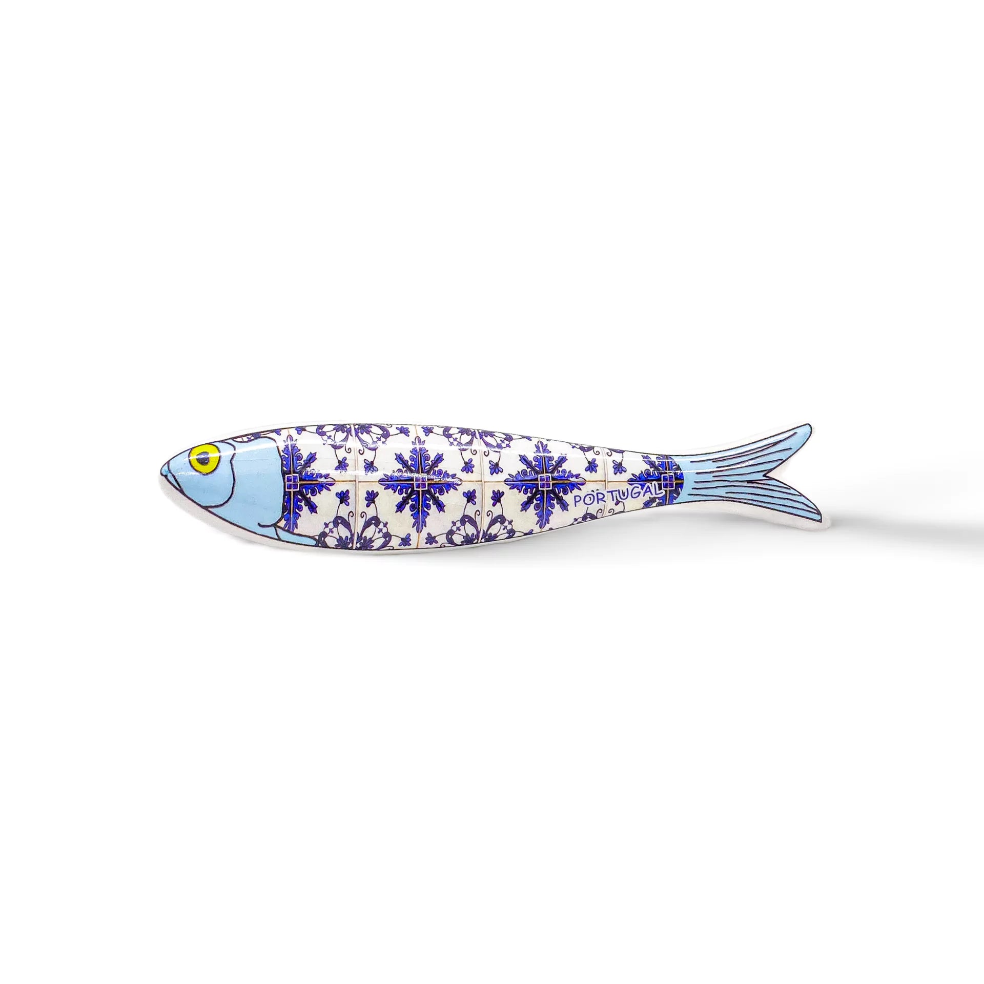 A ceramic sardine figurine with a light blue head and tail, decorated with intricate dark blue floral and geometric patterns along its body. The design style is reminiscent of traditional Portuguese azulejos tiles, making it an ideal souvenir from Portugal.