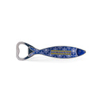 A metal fish-shaped bottle opener adorned with intricate blue and white patterns, reminiscent of Portuguese azulejos tiles. The word "Portugal" is prominently displayed on its side, and a small magnet on the back ensures it sticks to your fridge. The bottle opener end is at the fish's tail.
