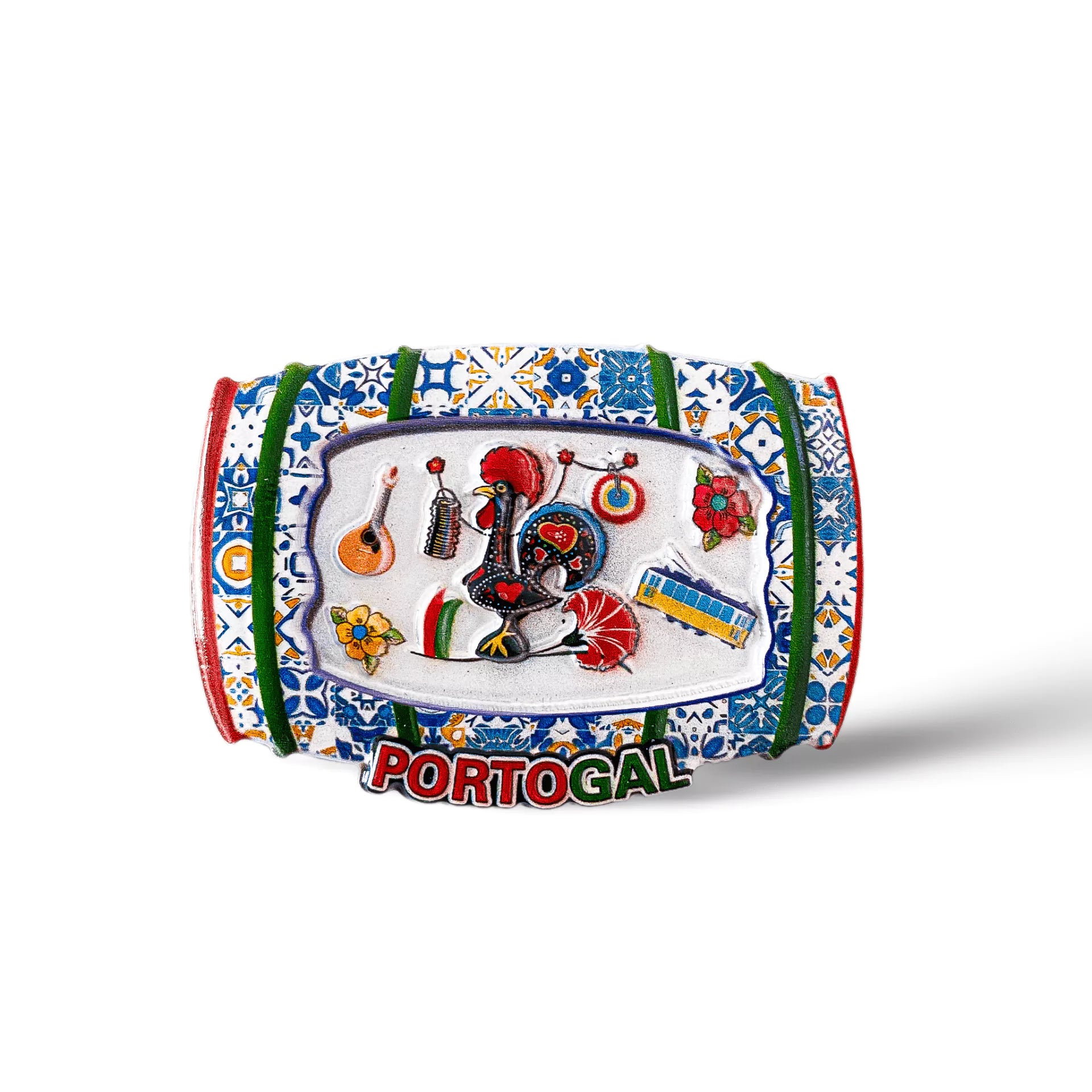 A colorful, decorative magnet featuring traditional Portuguese motifs. It includes a rooster, musical instruments, flowers, and a tram, with "PORTUGAL" prominently displayed in red, green, and yellow at the bottom. The background is a vibrant tile pattern reminiscent of Porto's charm.