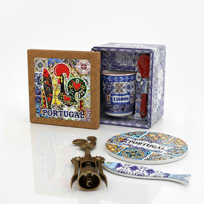 Assorted Portuguese souvenirs by Belsuv, including a Lisbon coffee cup, cork trivet, coaster, corkscrew, and ceramic sardine — perfect as corporate gifts or event souvenirs.