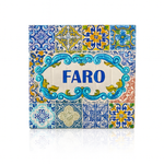 Decorative tile with colorful patterns and the word 'Faro' on a white background