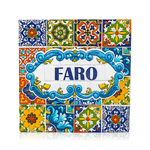 Square resin magnet with the word “Faro” centered in blue, surrounded by a decorative scroll frame and multicolored Portuguese azulejo tile patterns