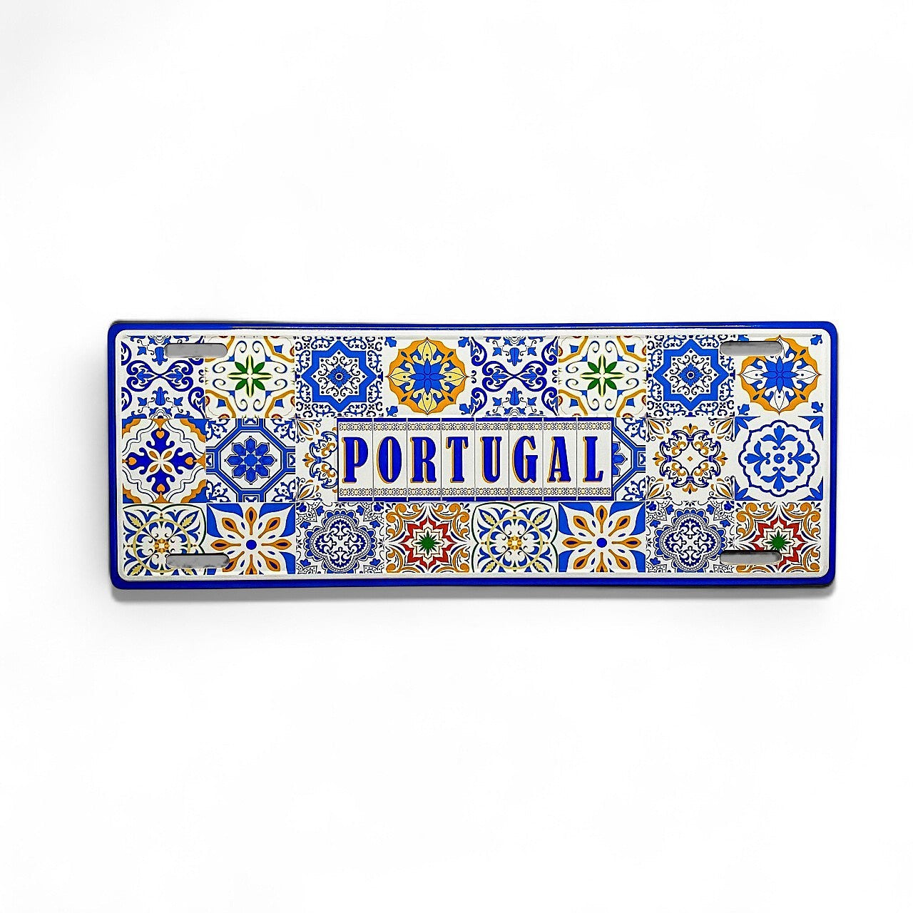 A decorative metal sign featuring a colorful patchwork of traditional Portuguese azulejo tile designs with the word 'PORTUGAL' displayed in the center.