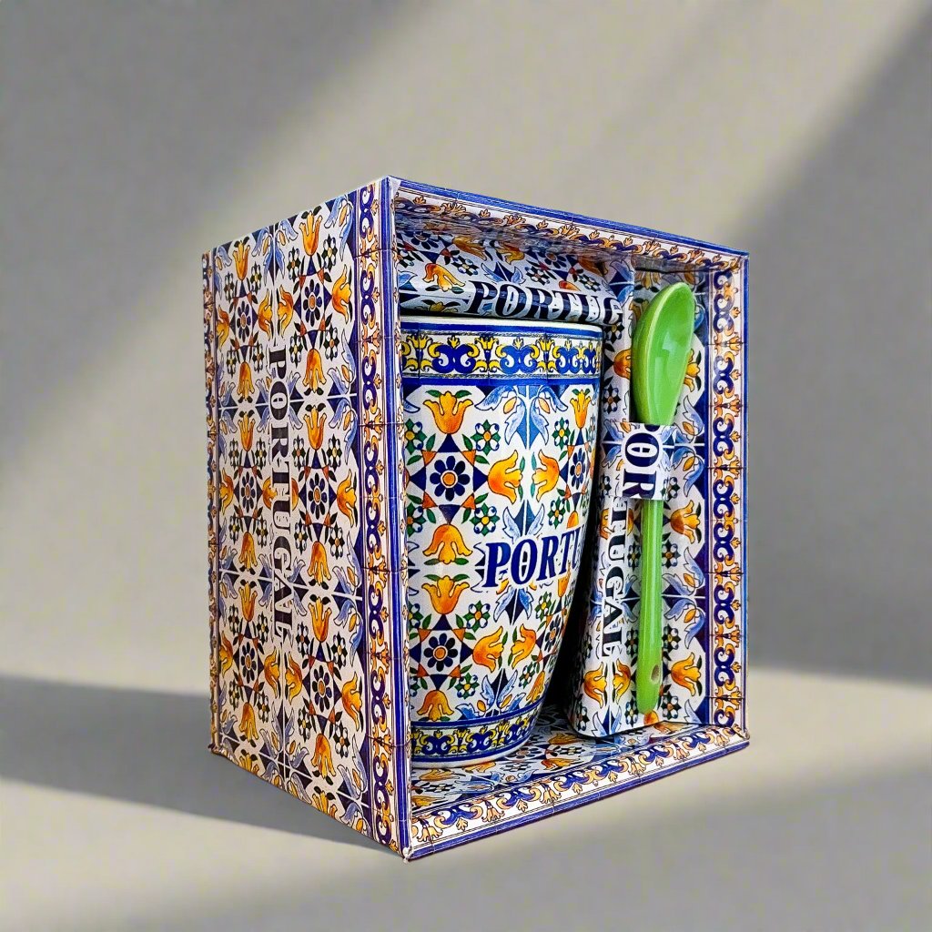 Exquisite Portuguese tile mug with a spoon, ideal for coffee, reflecting cultural elegance and craftsmanship.