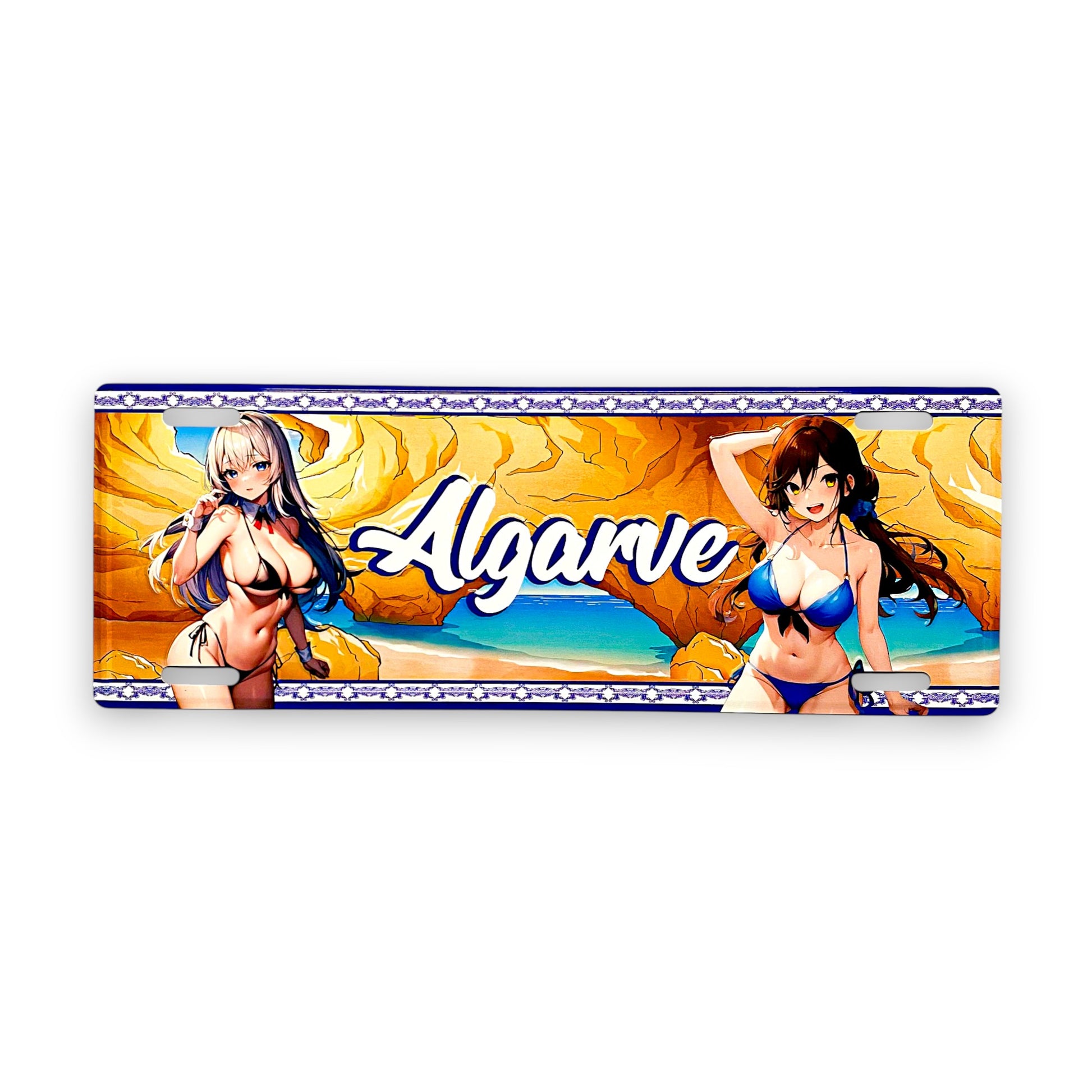 Product packaging with 'Algarve' branding featuring two women in bikinis against a beach background.