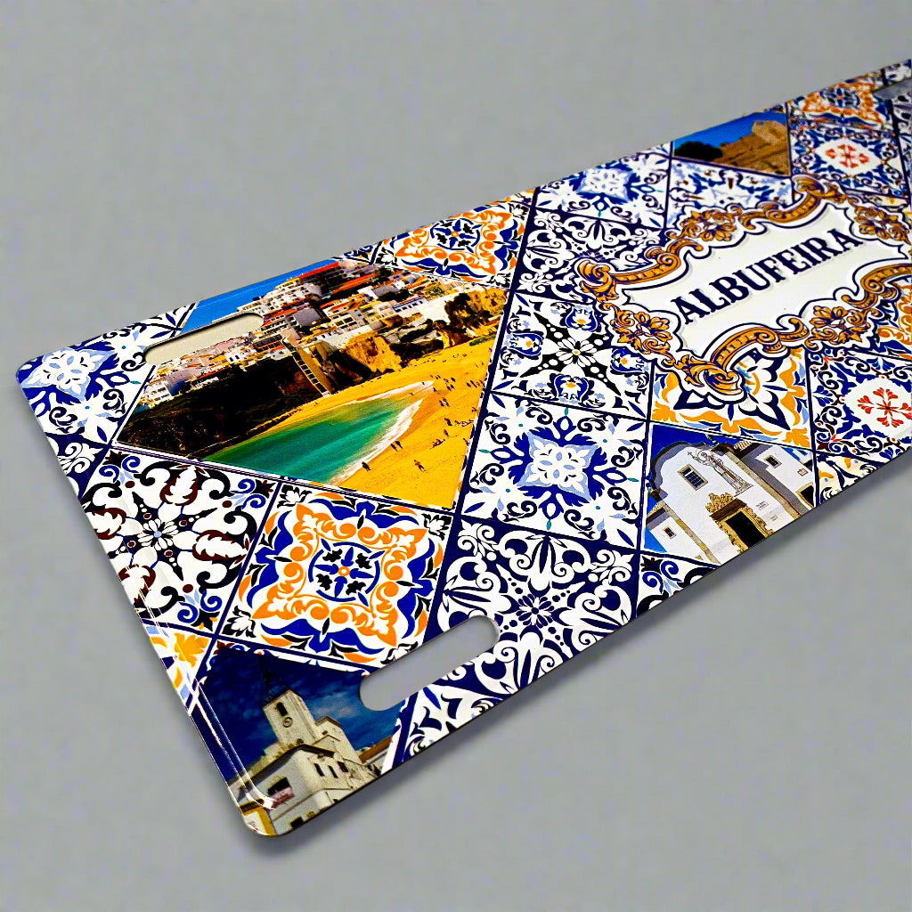 Decorative license sign with colorful tile design and scenic images on a beige background