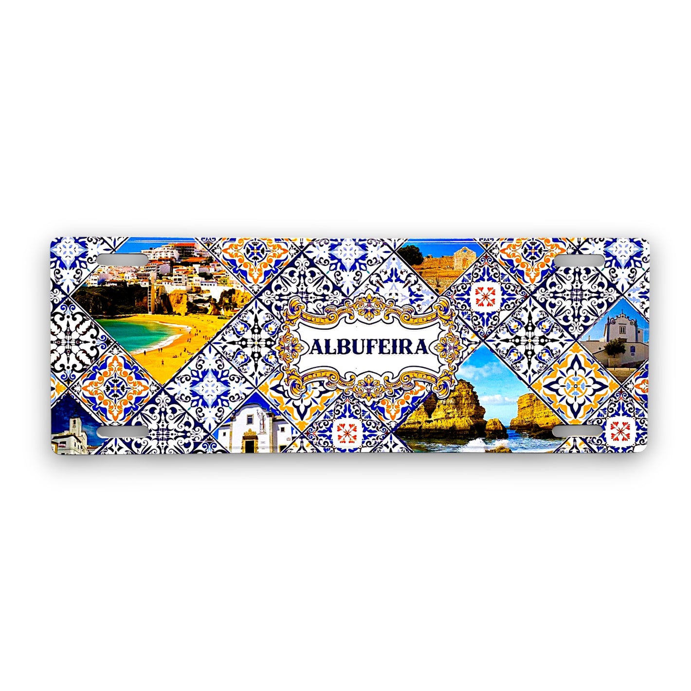 Decorative tile with colorful patterns and scenic images of Albufeira.