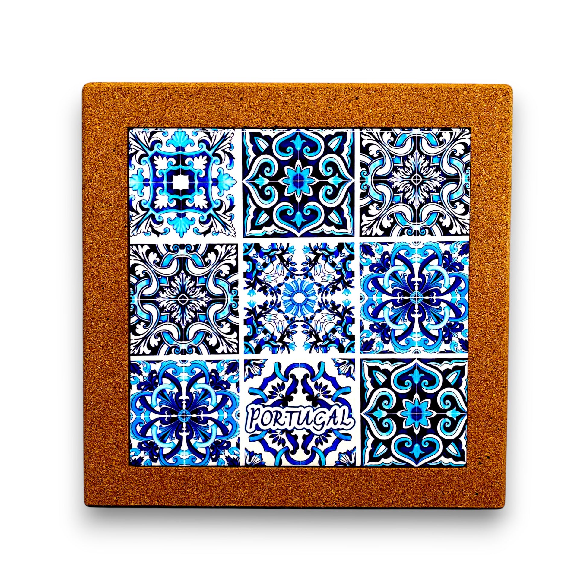 Cork coaster with Portuguese tile design and 'Portugal' text on a white background