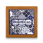 Ceramic tile with Portuguese design and cork back on a white background