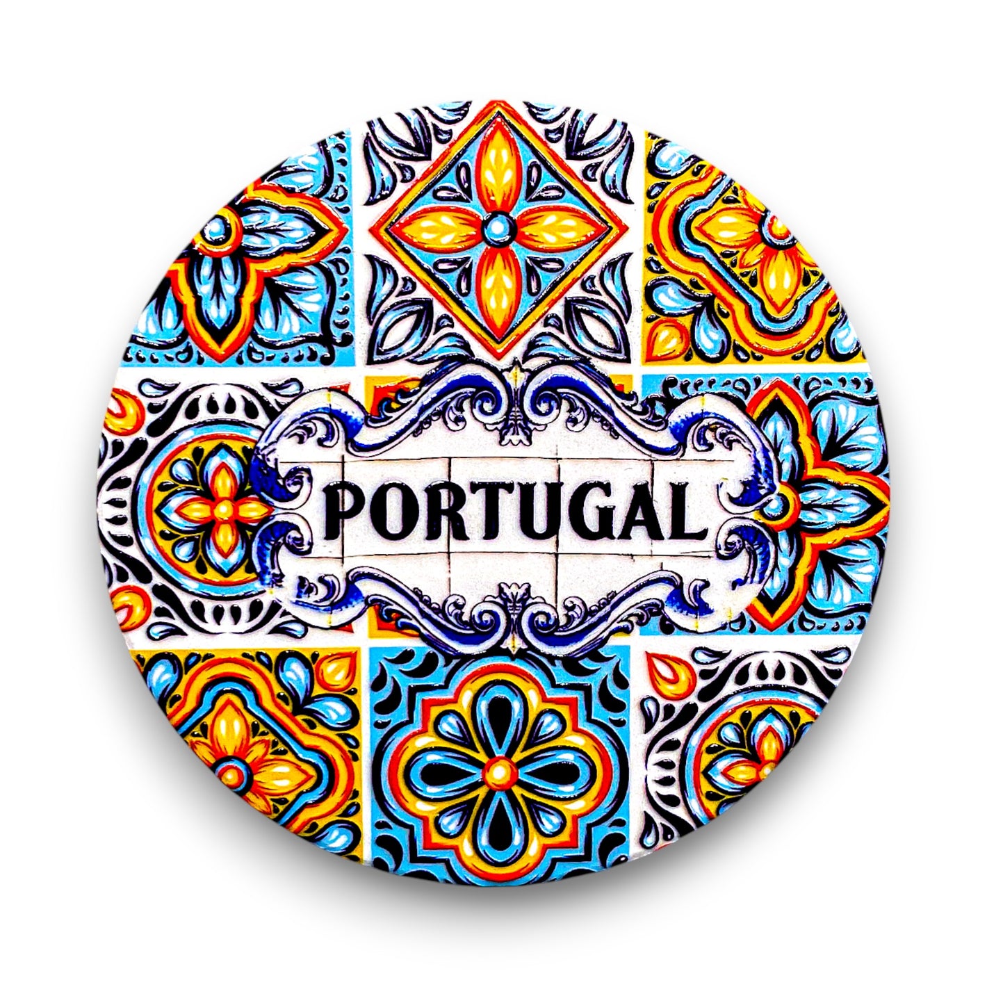 Decorative plate with Portuguese tiles and the word 'Portugal'