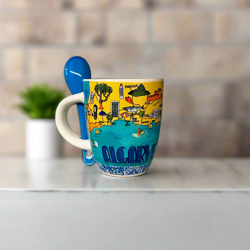 Colorful mug with a design and the word 'Algarve'.