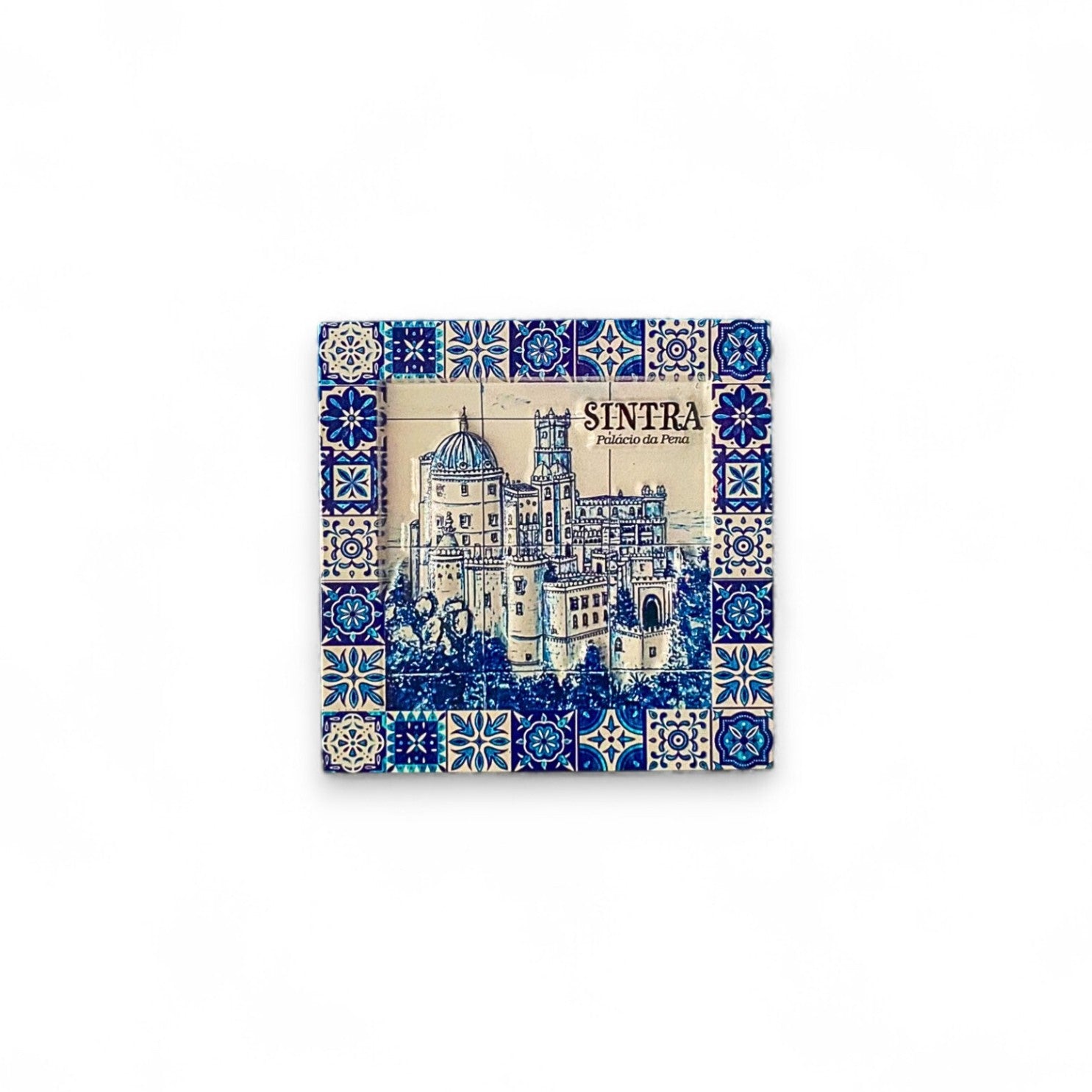 A square-shaped fridge magnet featuring the iconic Pena Palace in Sintra with a traditional blue tile design and ornate border.