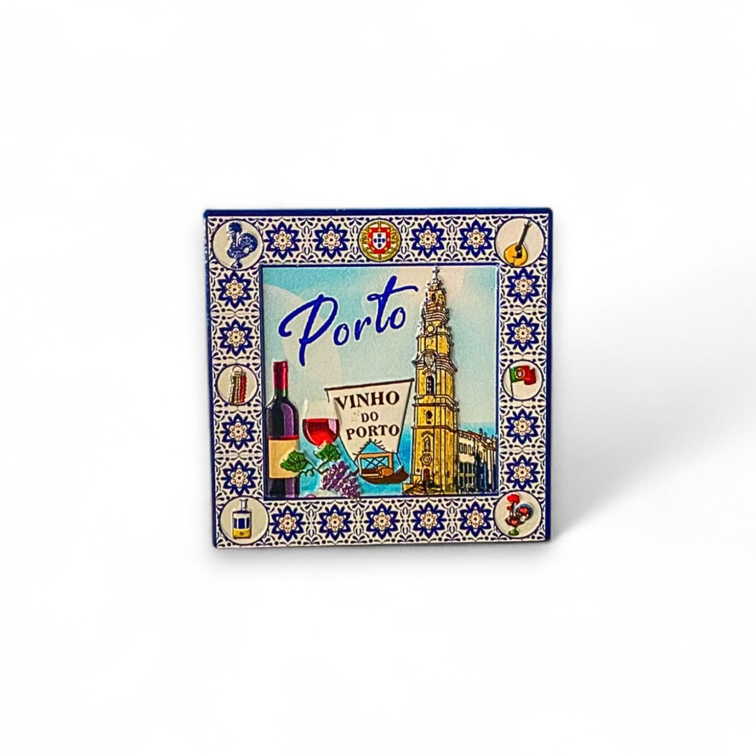 A square-shaped fridge magnet featuring an illustration of Torre dos Clérigos, with Port wine and Portuguese tile patterns in the background.