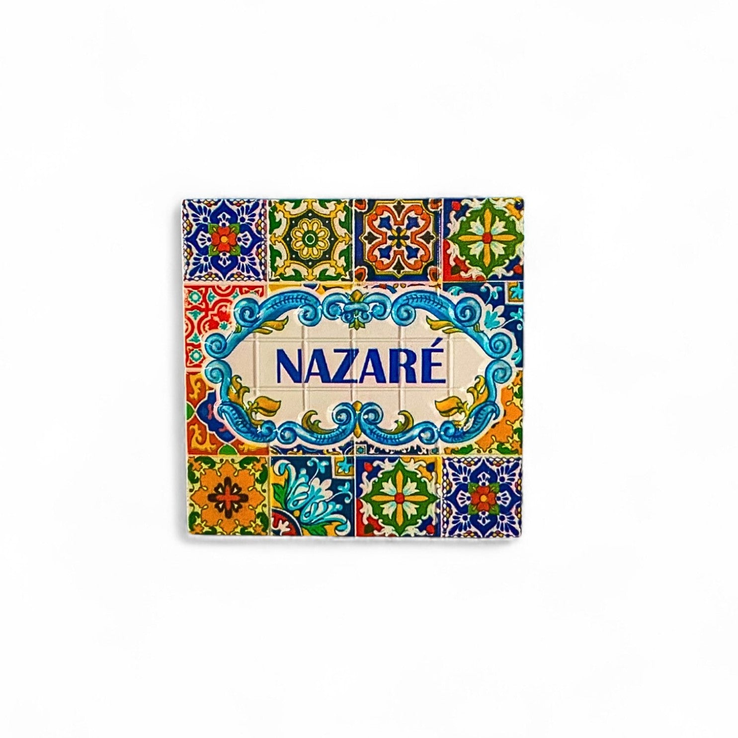 A colorful square-shaped fridge magnet with Portuguese tile patterns and the word 'Nazaré' in the center.
