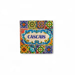 A colorful square fridge magnet with Portuguese tile patterns and the word 'CASCAIS' in the center.