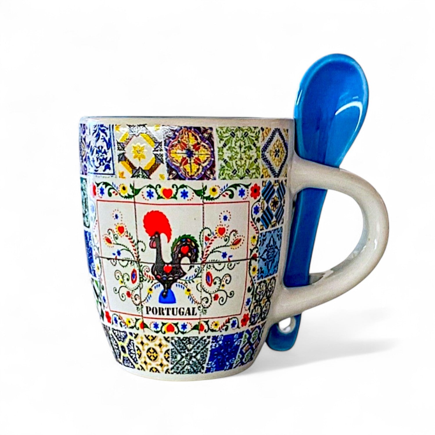 Portugiesische Keramik-Espressotasse mit Galo de Barcelos, Sardinen, buntem Fliesenmuster und blauem Löffel – Geschenkbox inklusive