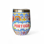 Portugal souvenir tumbler made of stainless steel, featuring a colorful traditional azulejo tile pattern and the word "Portugal" in bold red letters.