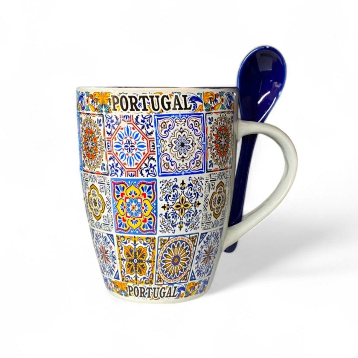 A ceramic mug with a colorful traditional tile pattern from Portugal, featuring a spoon in the handle, displayed against a white background.