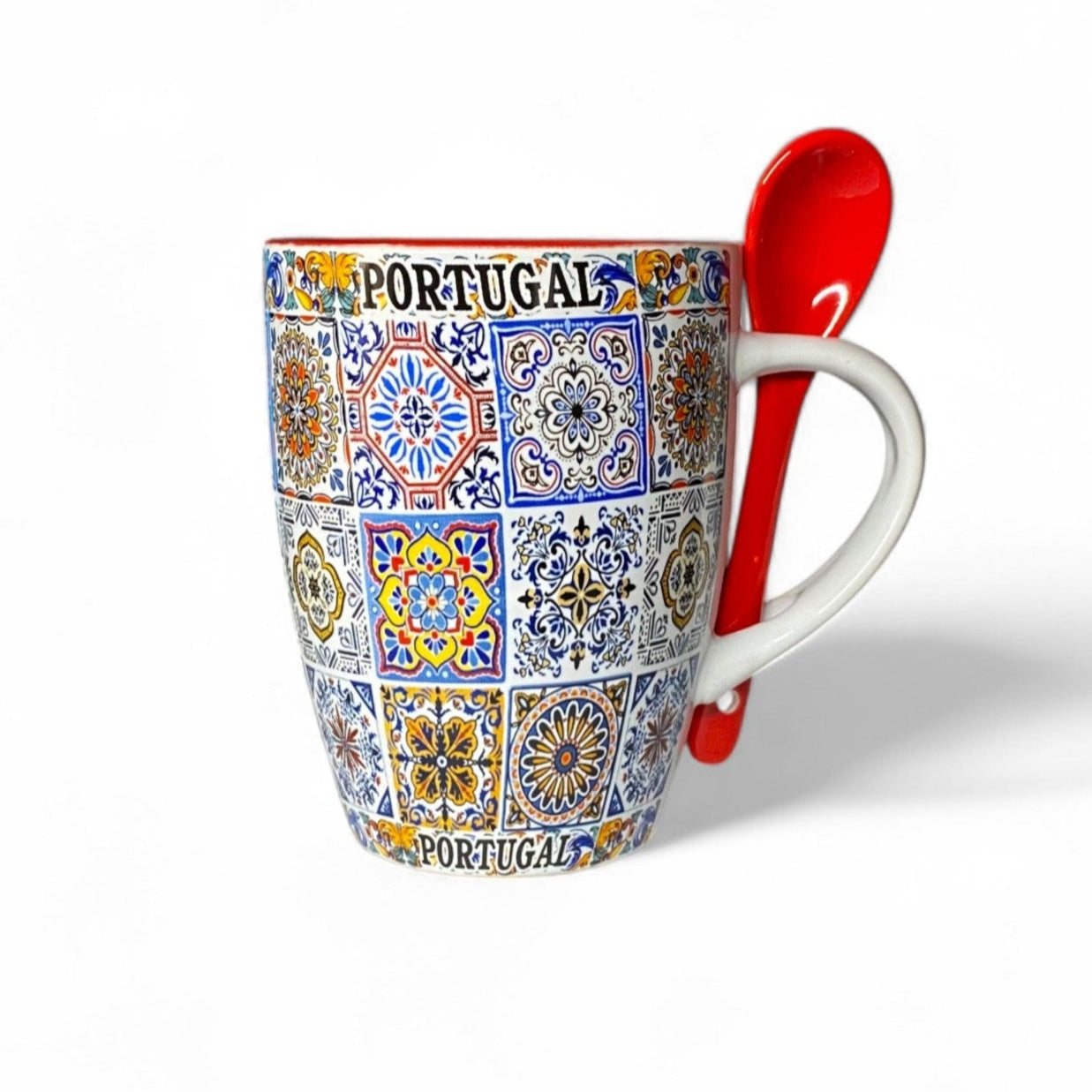 Colorful mug with 'Portugal' text and a red spoon on a white background