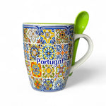 Decorative mug with colorful patterns and the word 'Portugal' on a white background