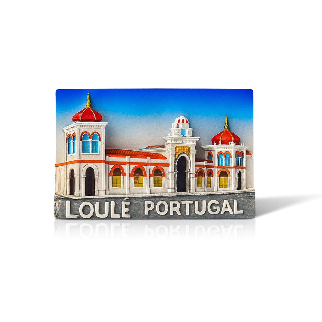 A 3D relief fridge magnet featuring the Municipal Market of Loule, Portugal with Moorish architectural elements, predominantly in blue, white, and orange colors.
