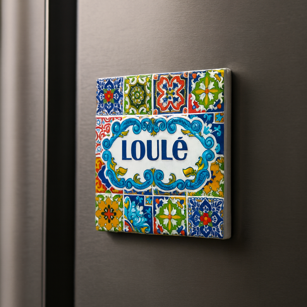Decorative magnet with colorful tile pattern and 'Loule' text on a metallic surface