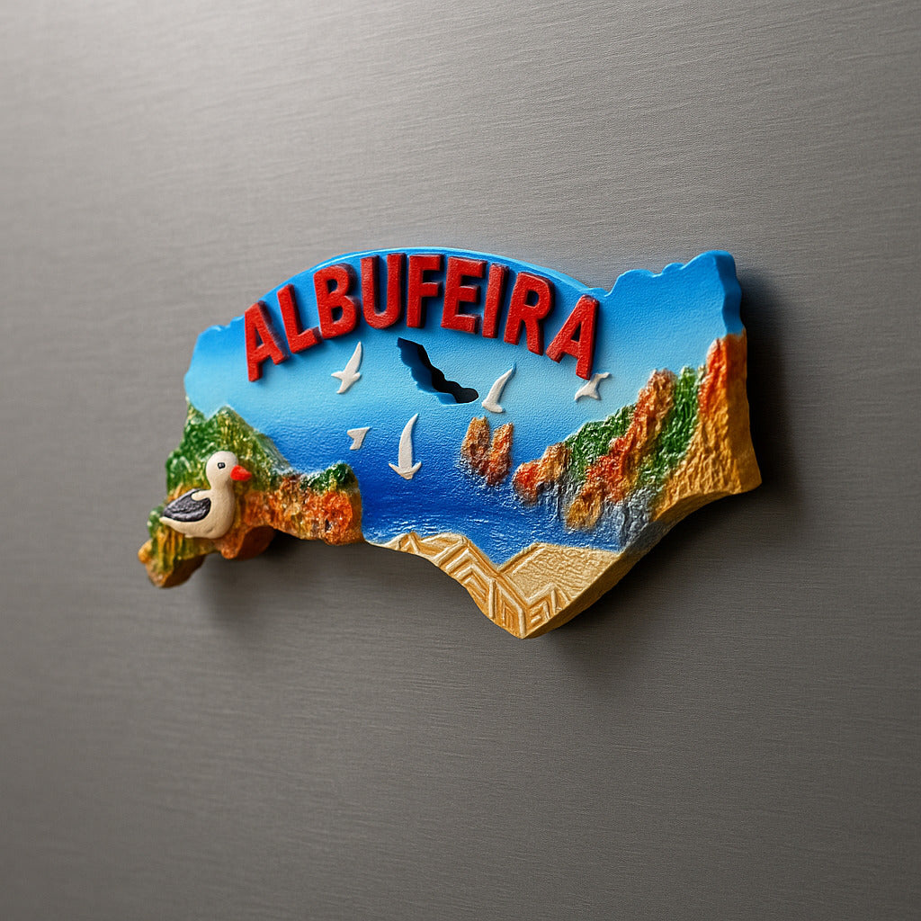 Fridge magnet with 'Albufeira' text and scenic design on a metallic surface