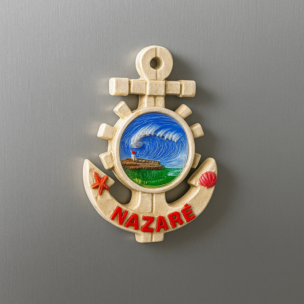 Decorative anchor-shaped magnet with 'Nazaré' text on a gray background