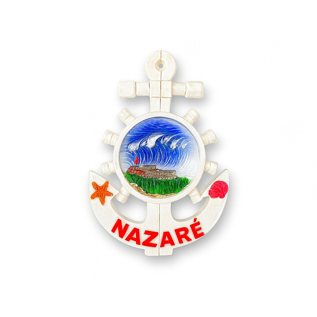 A decorative magnet shaped like an anchor with a 3D illustration of a large wave and a lighthouse in the center, featuring the word 'Nazaré'.