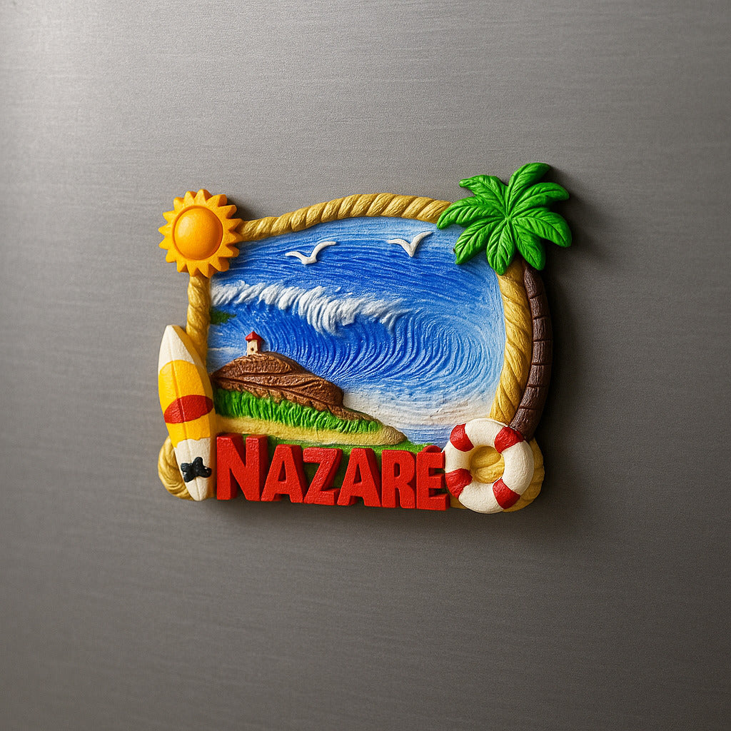 Decorative magnet with a beach scene and 'Nazare' text on a metallic surface