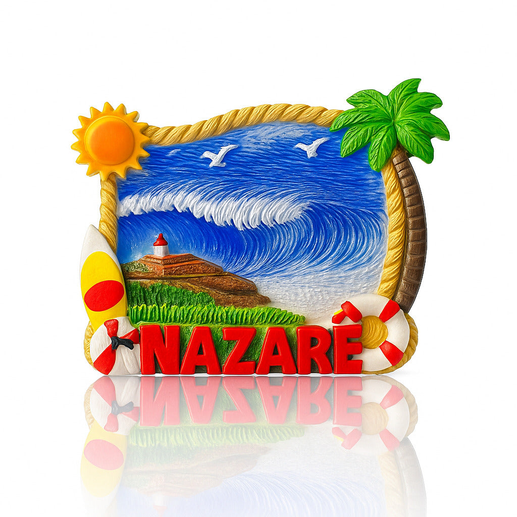 A colorful fridge magnet featuring an illustration of a giant wave, surfboard, and lighthouse with the word 'Nazaré' written on it, against a white background.