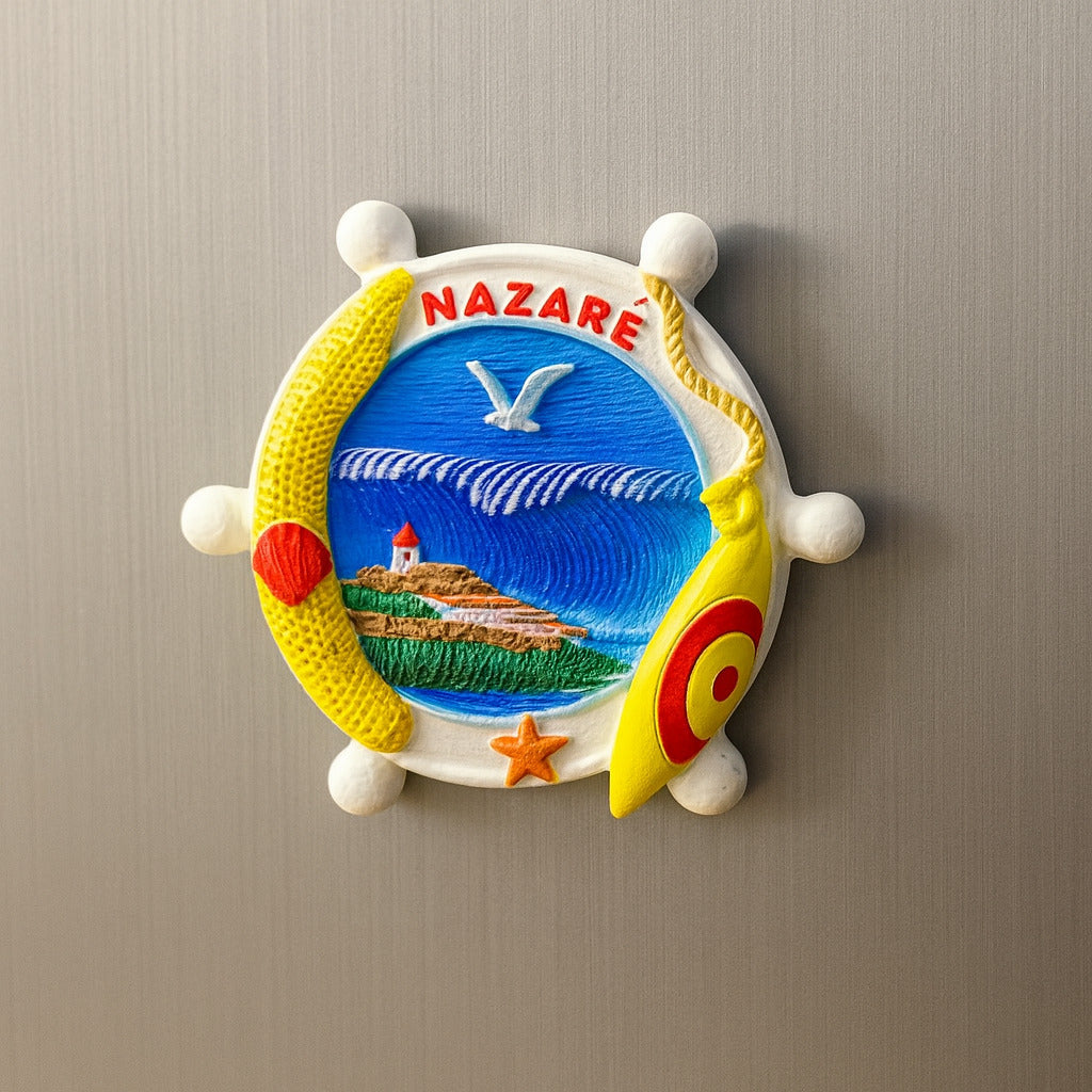 Decorative wall piece with 'Nazáre' text and coastal scene on a beige background