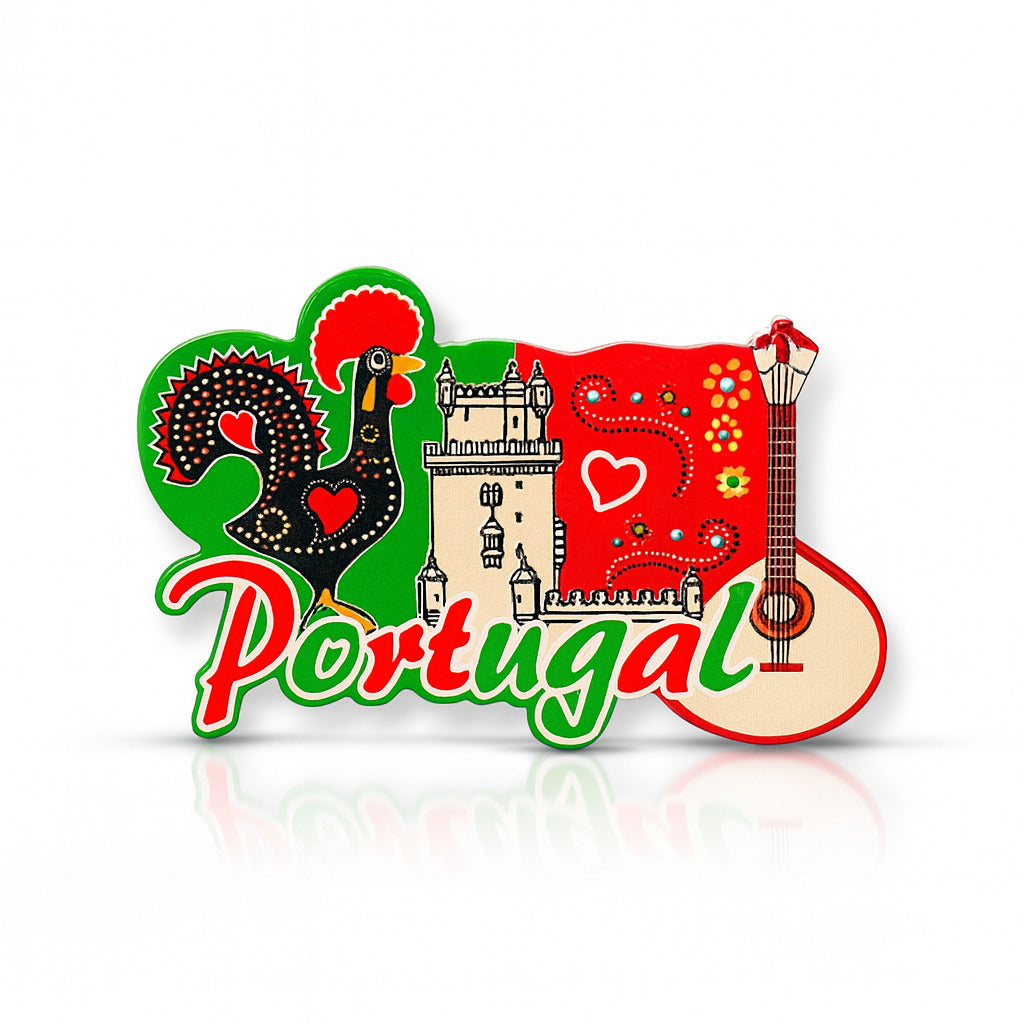 A colorful Portugal souvenir magnet featuring the Galo de Barcelos, Torre de Belem, and Portuguese guitar.