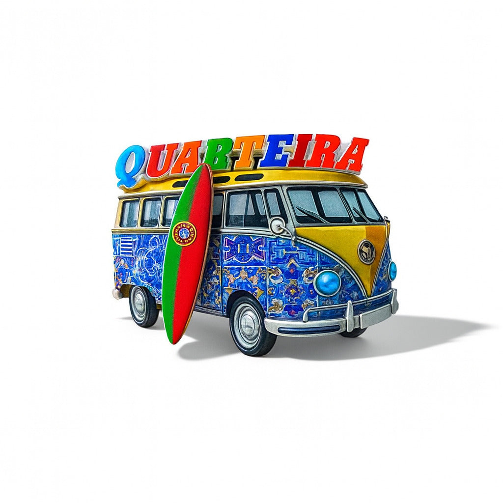 Colorful vintage van with 'Quarteira' branding and a surfboard on a white background