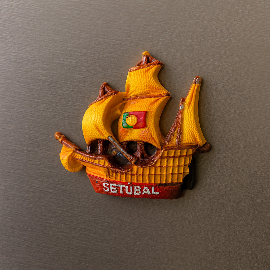 Fridge magnet shaped like a ship with 'Setubal' text on a metallic surface