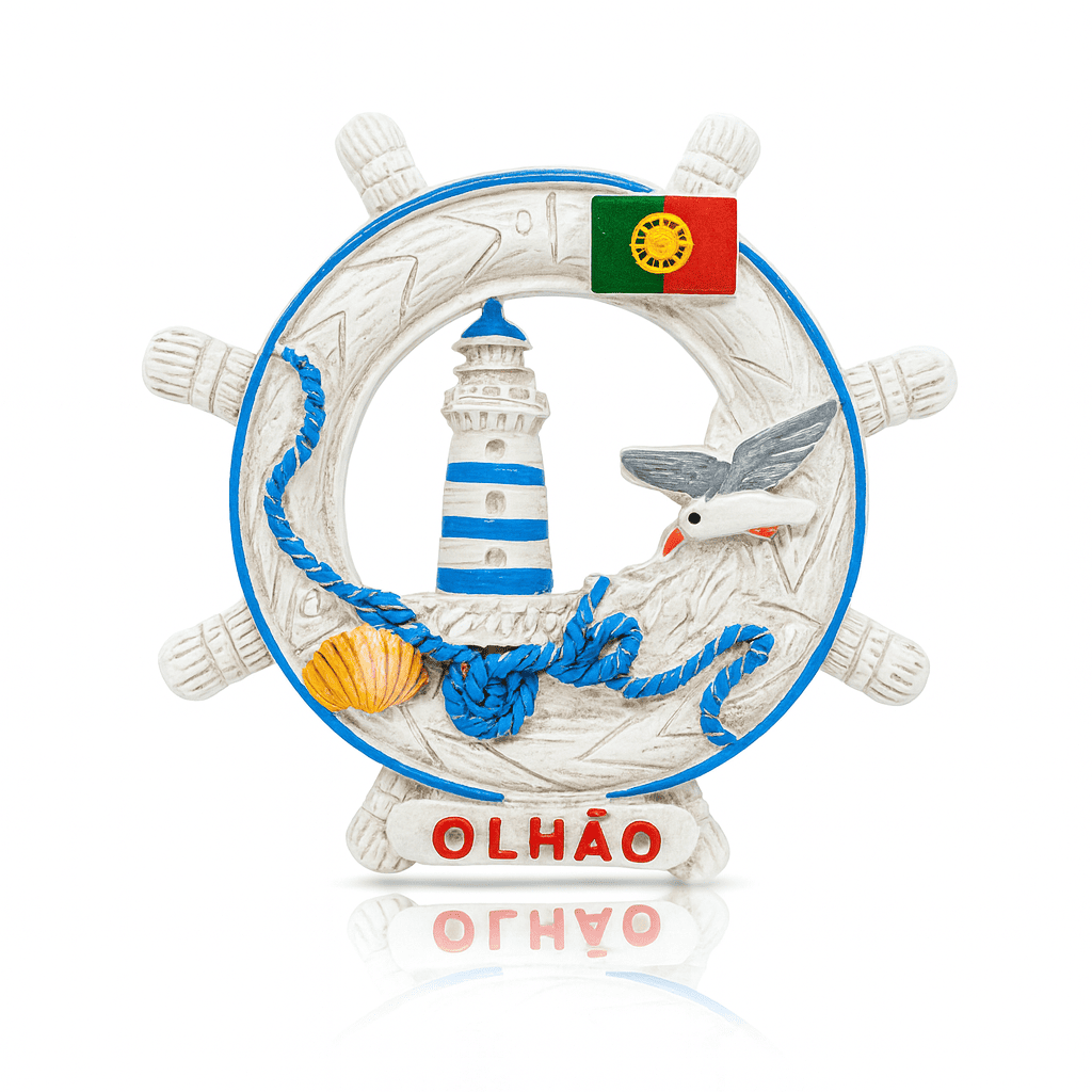 A resin magnet designed as a nautical wheel with a blue-and-white striped lighthouse, seashells, rope, and a Portuguese flag, with the word 'OLHAO' featured prominently.