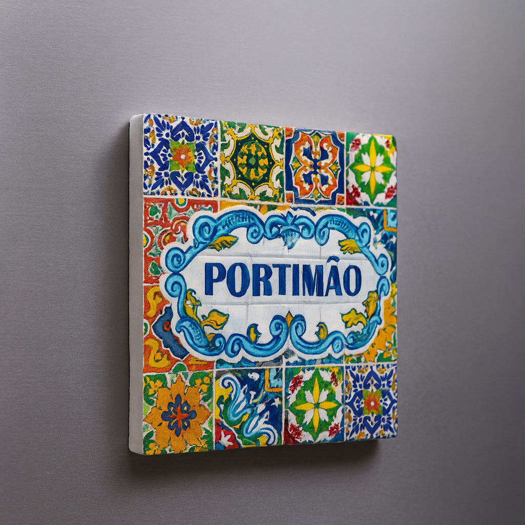 Decorative tile with colorful patterns and 'Portimó' text on a gray background