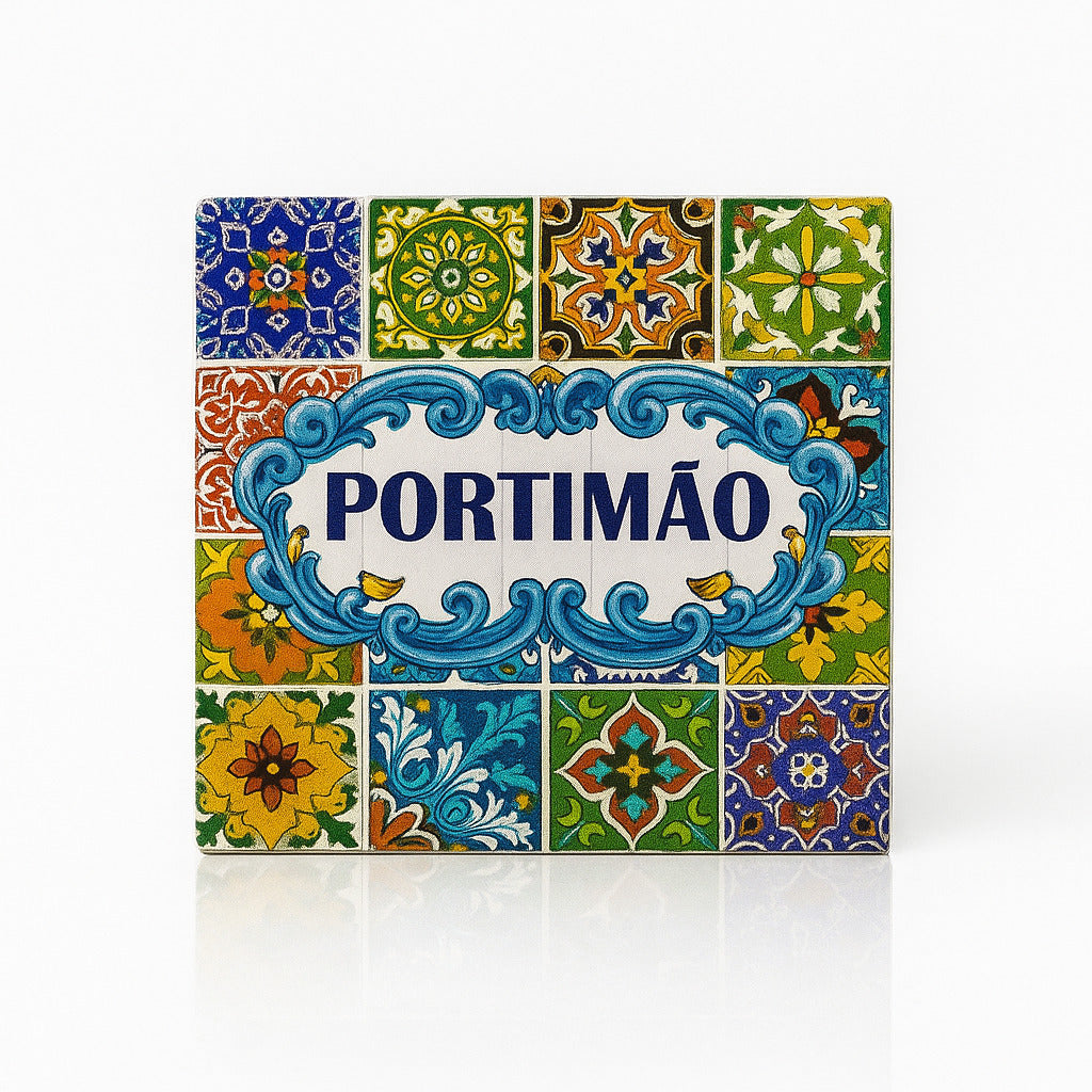 Decorative tile with colorful patterns and 'Portimó' text on a white background