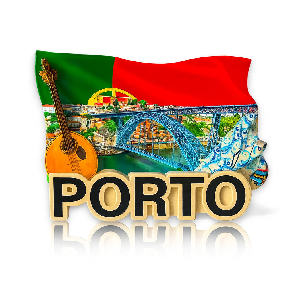 A colorful fridge magnet featuring iconic symbols of Porto, including the city's bridge, a guitar, and the Portuguese flag, with the name 'PORTO' prominently displayed.