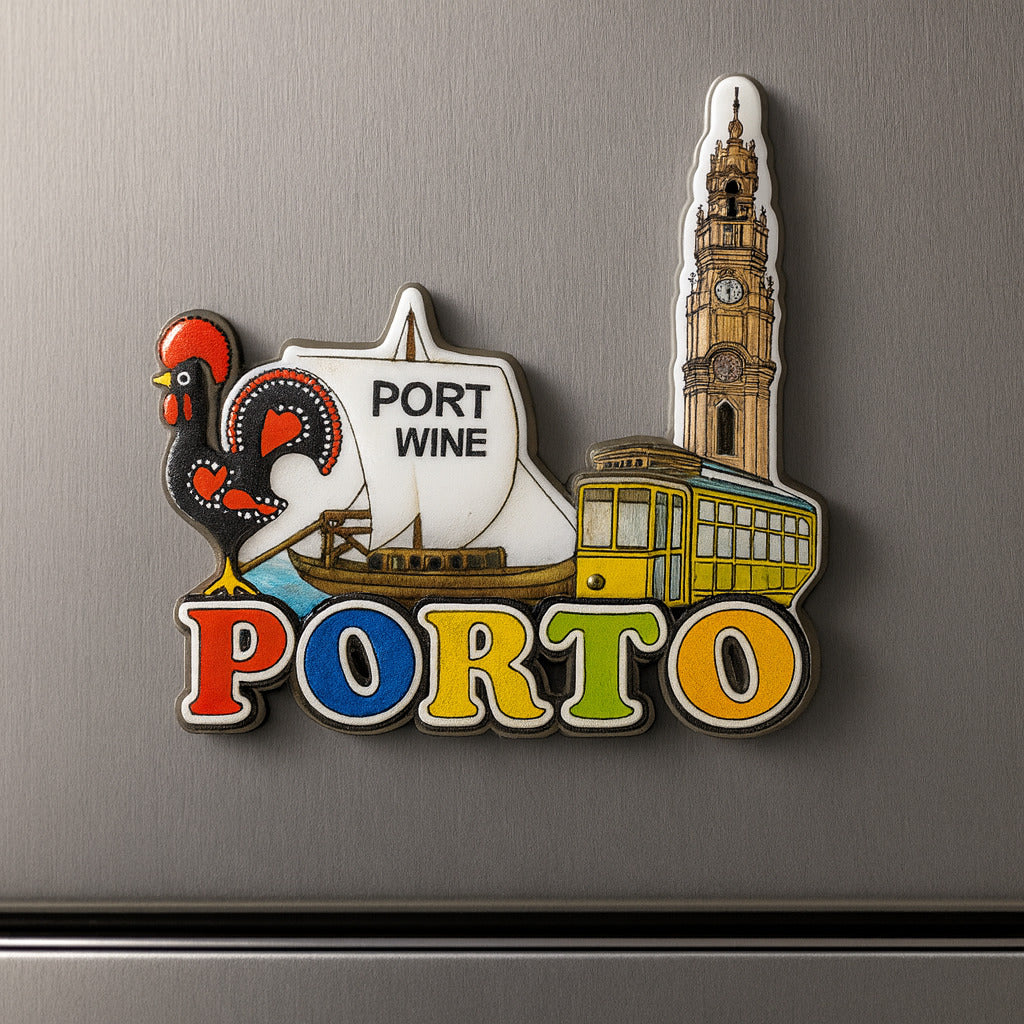 Porto magnet souvenir with Clérigos Tower, traditional tram, port wine rabelo boat and Barcelos rooster in colorful 3D design – Portugal keepsake.