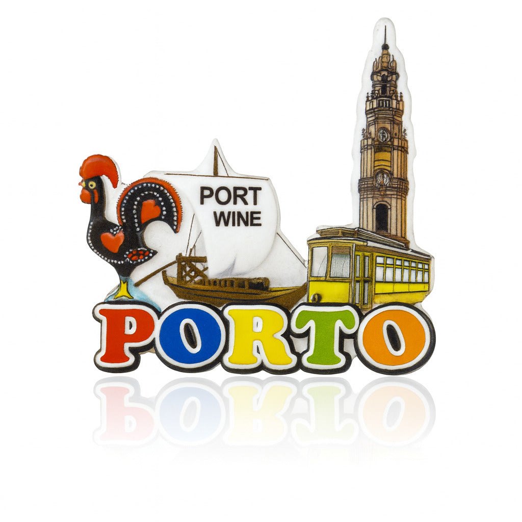 Colorful Porto souvenir magnet on fridge featuring Clérigos Tower, yellow tram, port wine boat, and Barcelos rooster – Portuguese culture in 3D.